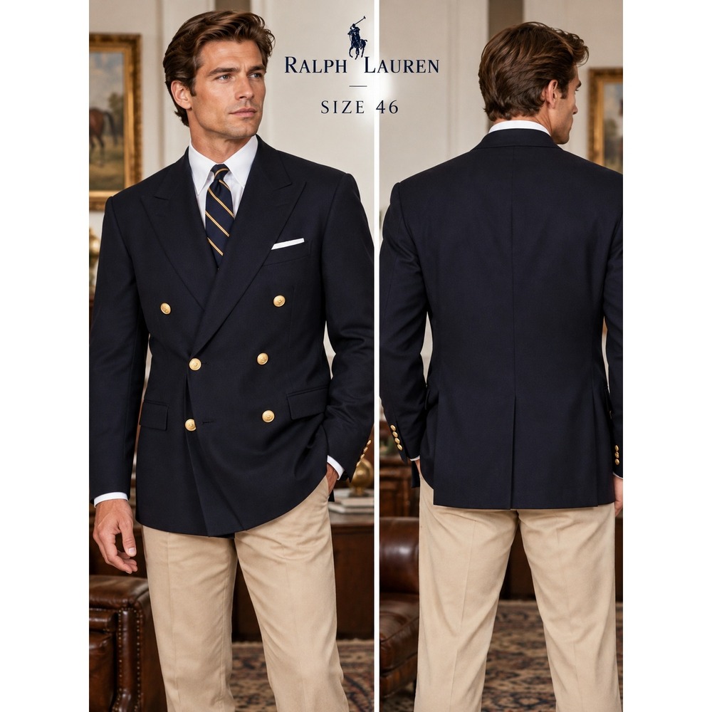 Ralph Lauren Polo University Club 90s Navy Wool Double Breasted Blazer